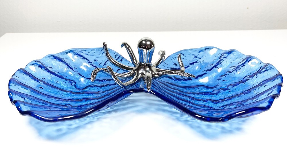 Mudpie Silver Octopus Blue Shell Shaped Glass Appetizer Dish Platter