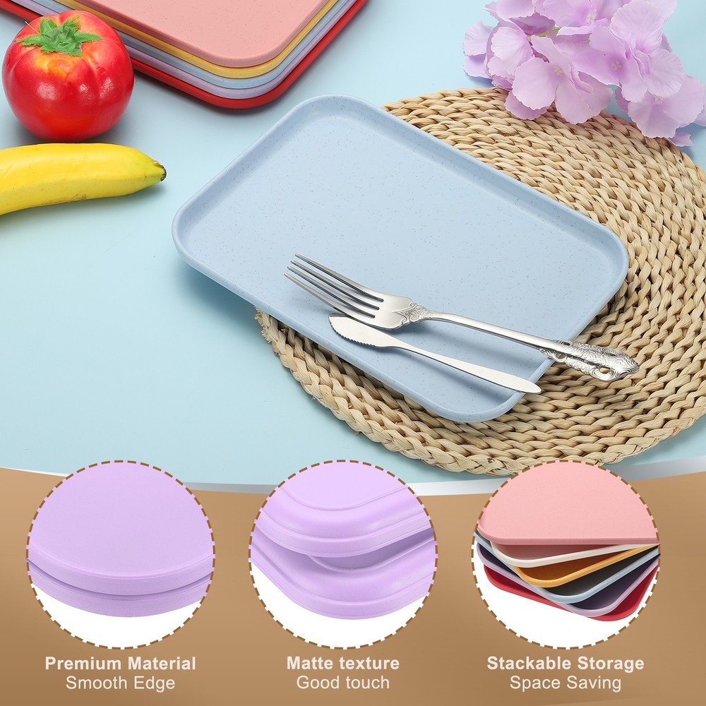 9.5x6.9" Rectangular Plates, 2 Pack Wheat Plastic Dinner Plates, Purple