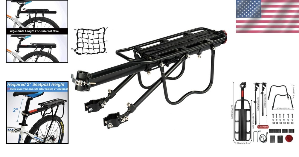 Aluminum Adjustable Bicycle Cargo Rack - 21”L, Easy Install with Quick Release
