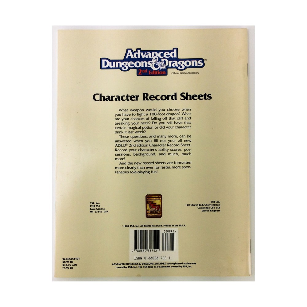 TSR AD&D 2nd Ed Character Record Sheets (2nd, White) VG
