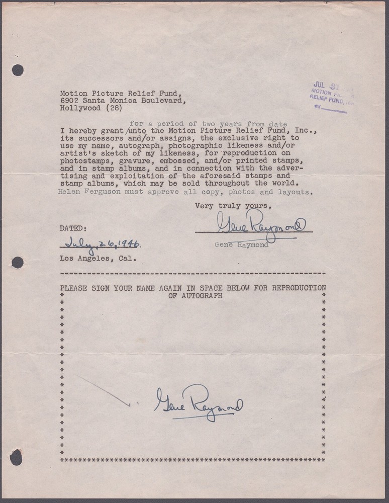 GENE RAYMOND - DOCUMENT DOUBLE SIGNED 07/26/1946