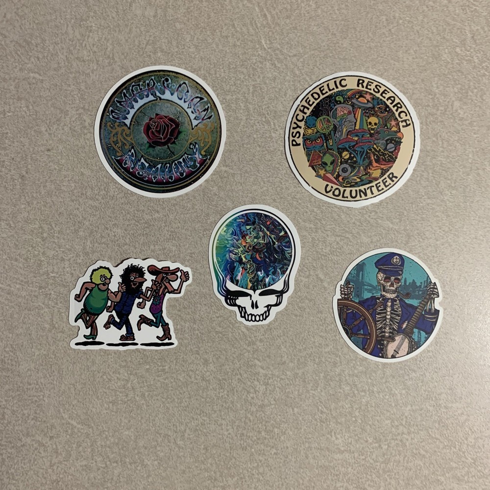 The Grateful Dead stickers. skateboard, computer, notebook, fridge door, etc