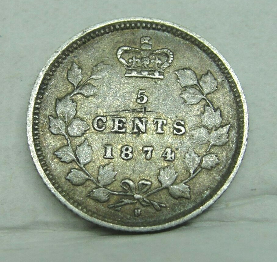 1874 H Canada Silver 5 Cent "CROSSLET 4" Better Grade
