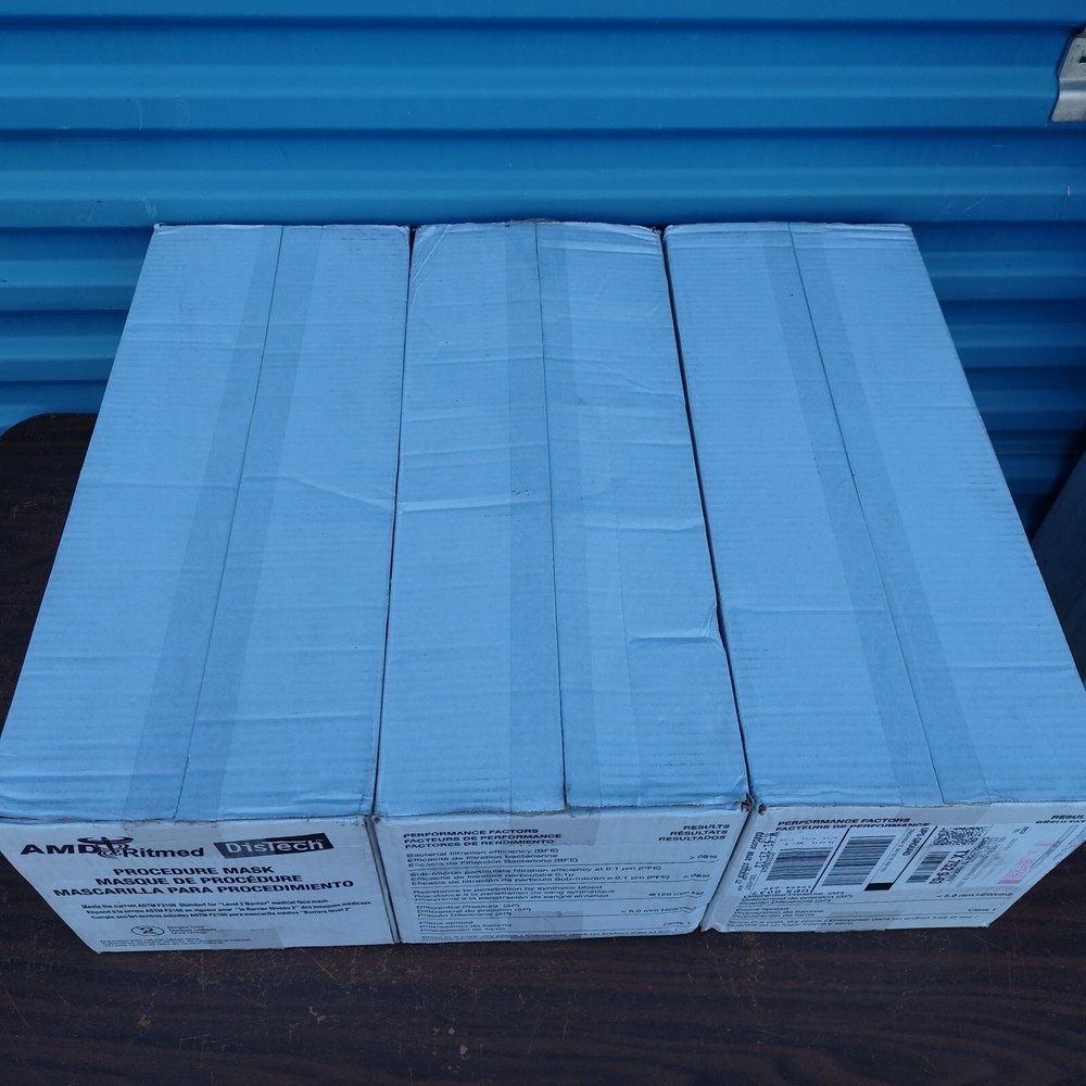 (1) Box 500 Masks AMD Ritmed 2115 Distech Earloop Facemasks ASTM Level 2 Blue