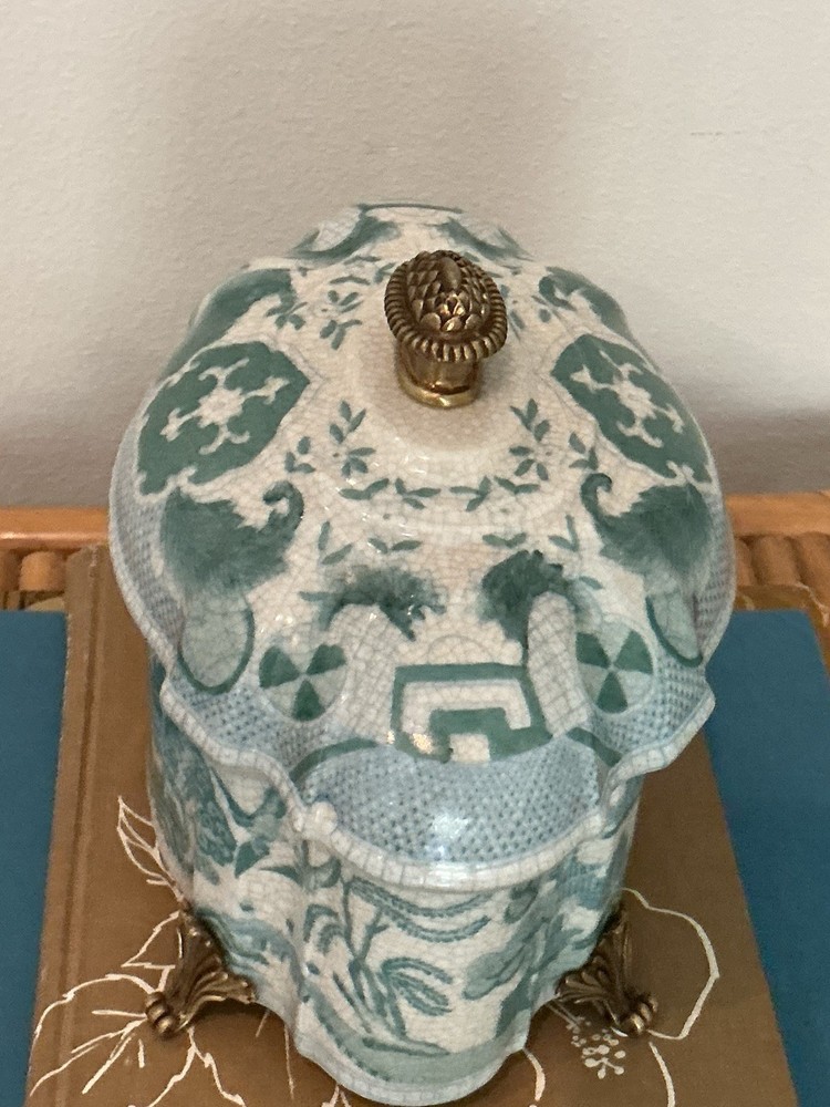Turquoise Willow Chinoiserie Pattern Lidded Ormolu Oval Shaped Ceramic Box 9 in