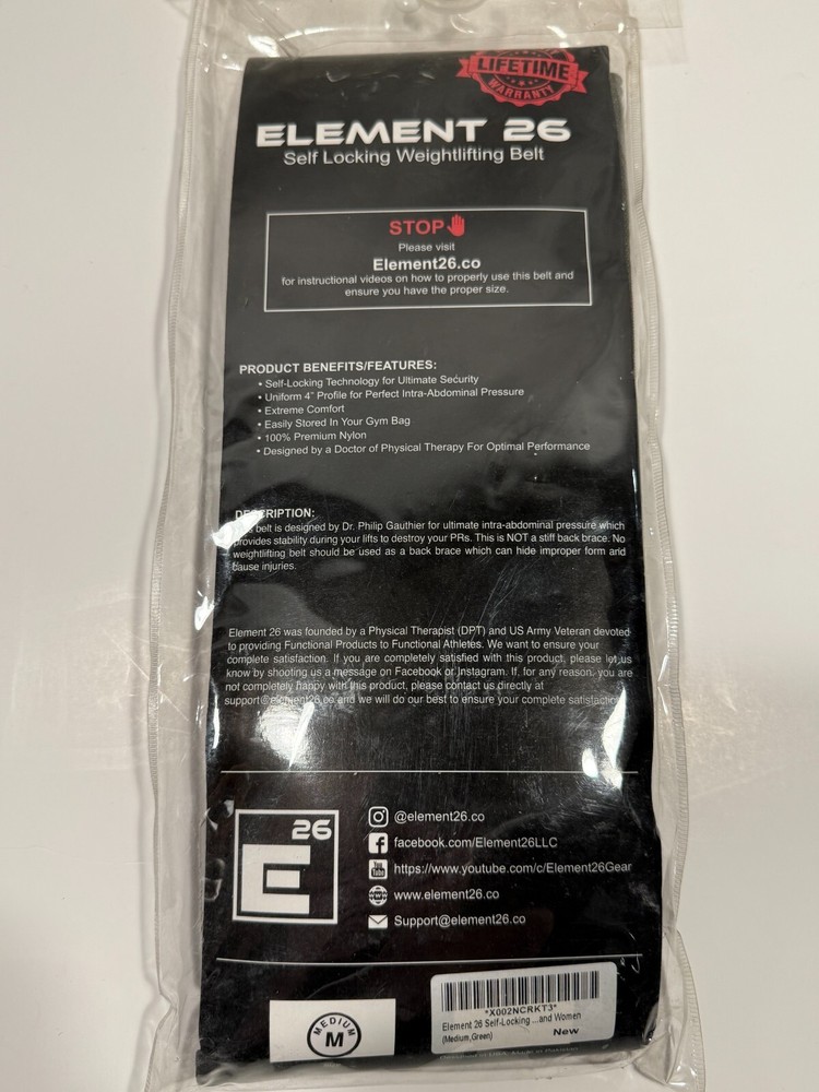 Element 26 Self-Locking Weight Lifting Belt - NEW