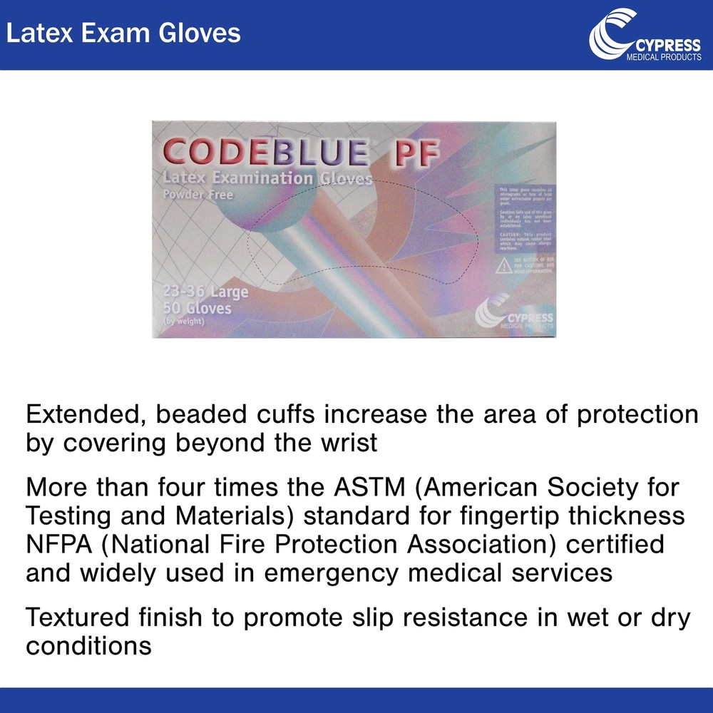 CODEBLUE PF Latex Exam Glove Extended Cuff Length LARGE 23-36 50 per Box