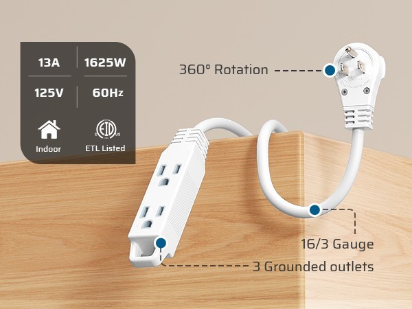 DEWENWILS 10FT Flat Plug Power Strip, 3 Outlets Space Saving Rotating Plug