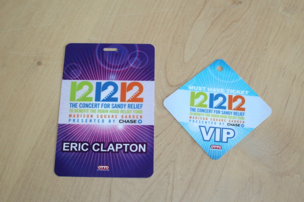 Eric Clapton - 2 x Laminated Backstage Pass - Sandy Relief Concert 2012