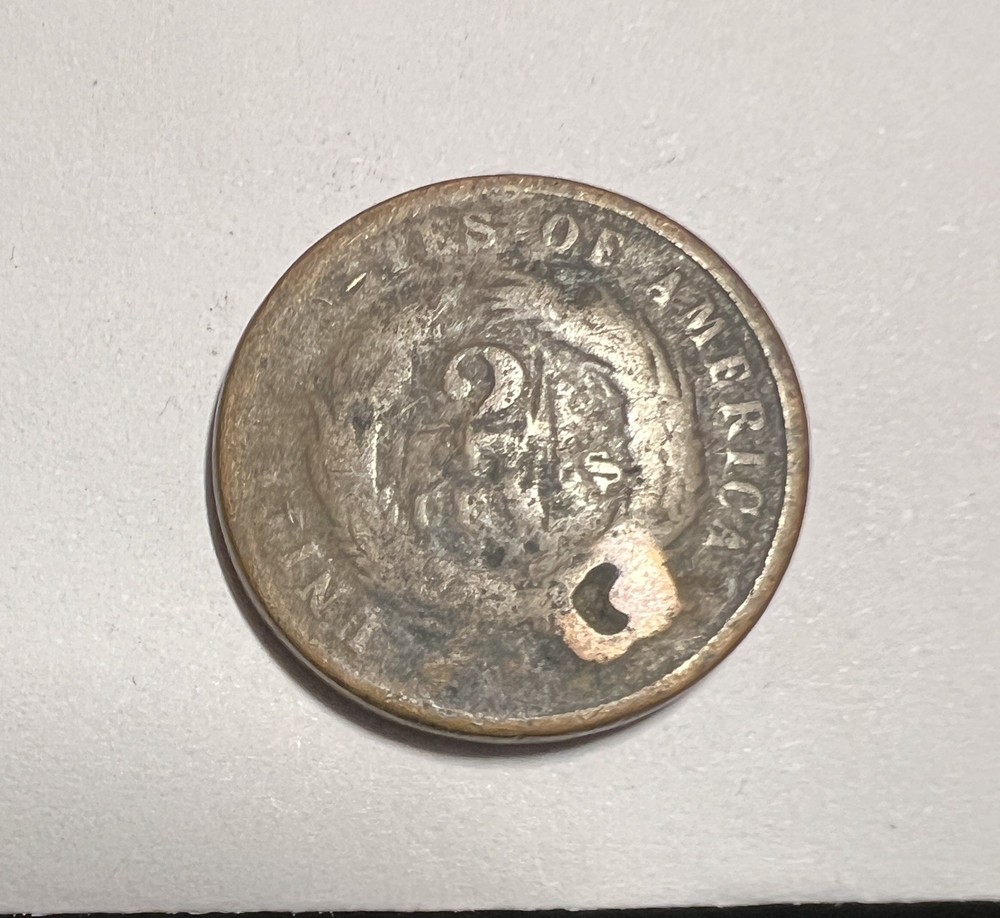 1865 - Two Cent Piece - Old Copper US Coin - (damaged)