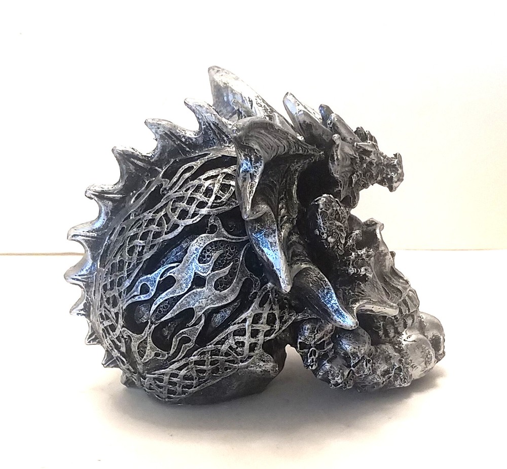 Skull Silver Dragon Figurine Statue Skeleton Halloween