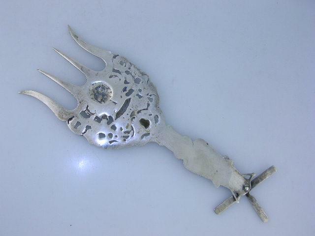 Old Dutch .833 Silver Unusual Serving Fork Windmill handle face lion head ornate