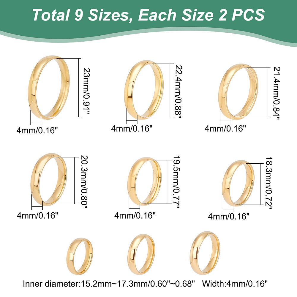 1box 18pcs 9 Sizes Stainless Steel Plain Band Finger Ring Stackable Band