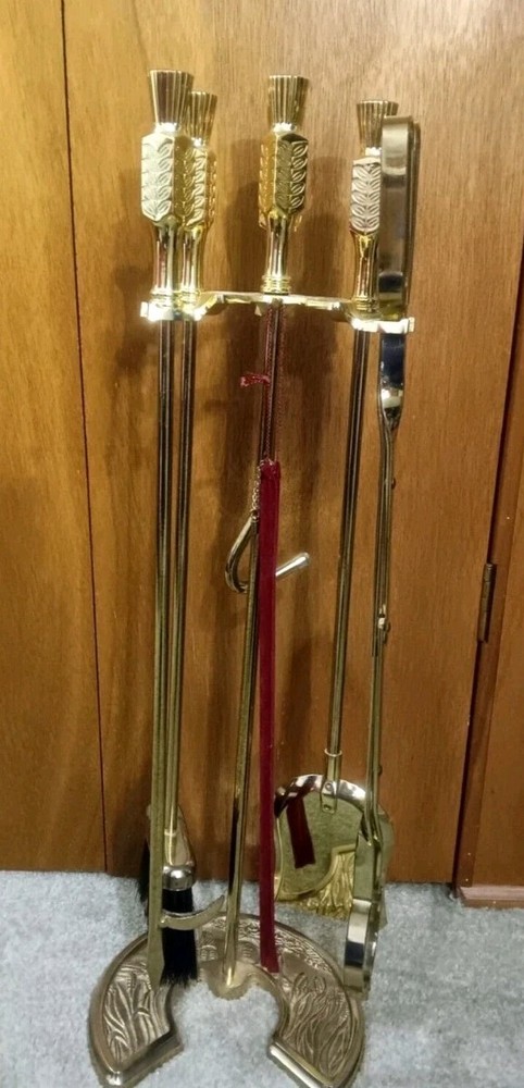 Vintage Solid Brass Fireplace Tool Handles Only Leaf Design Set of 4 Heavy