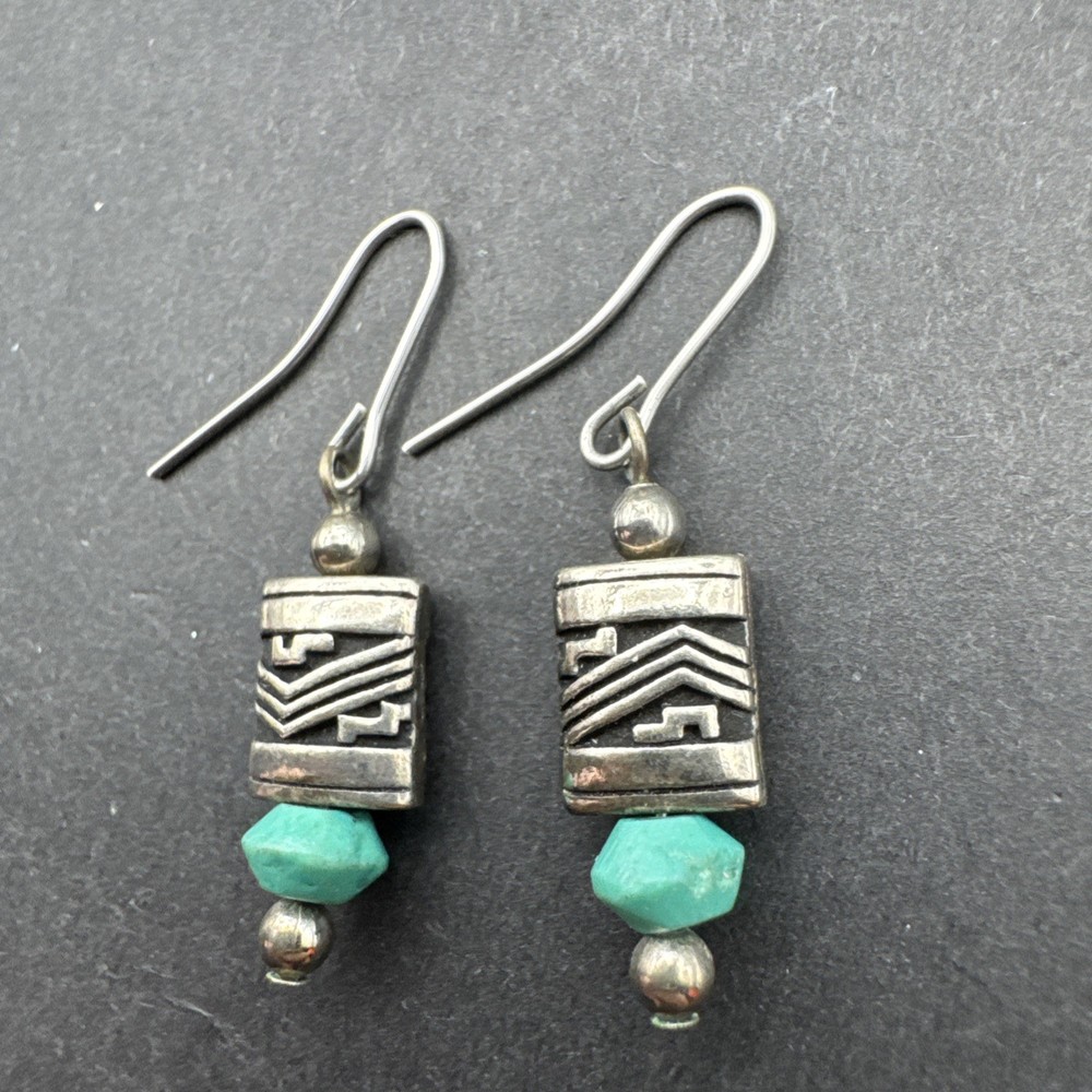 Native Inspired Dangle Drop 1.25” Earrings Silver Tone Turquoise