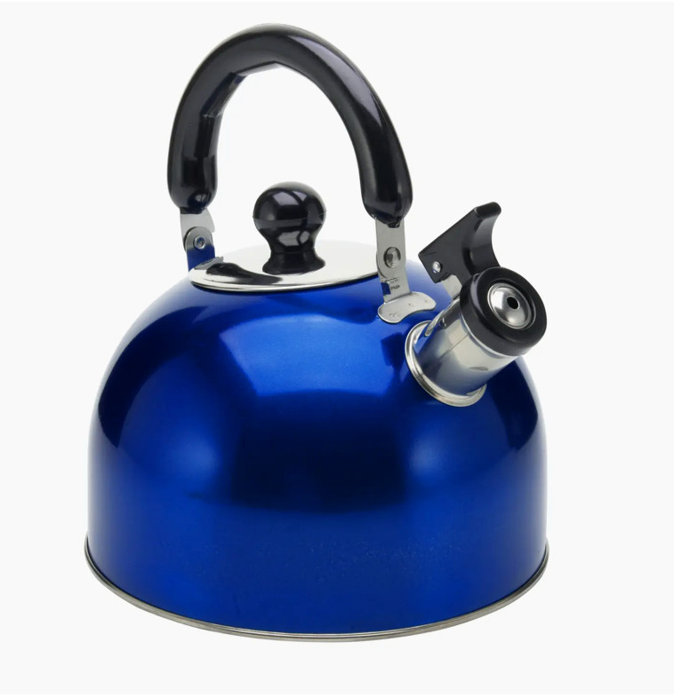 Vibrant Metallic Deep Blue Whistling Tea Kettle by The Cutting Edge Kitchen
