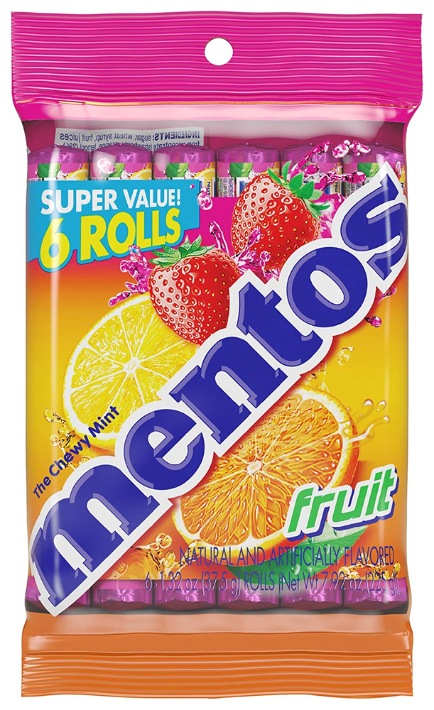 Mentos Chewy Candy Roll, Fruit, 1.32 Oz, 6 Count