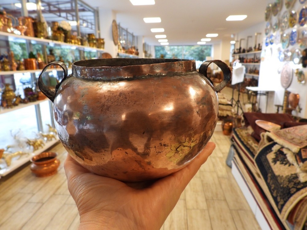 Old Handmade Copper Pot with Copper Handles