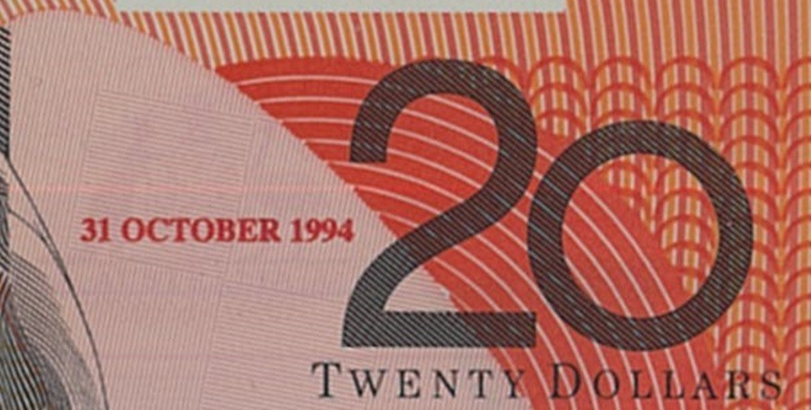 1994 Australia Rare SOLID Red Serial 1st Prefix $20 AA94000555 Dated OPT Polymer