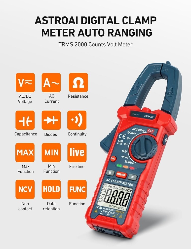 Digital Clamp Meter Multimeter 2000 Counts Amp Voltage Tester Auto-ranging Blue