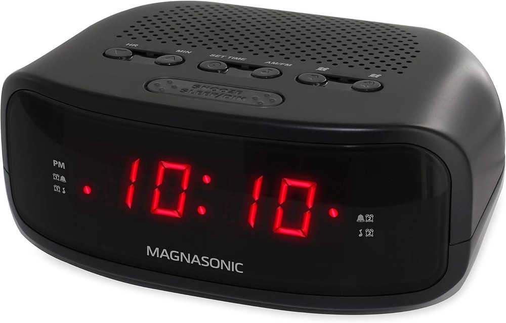 Battery-Powered Digital Alarm Clock Radio with Programmable Stations & Snooze