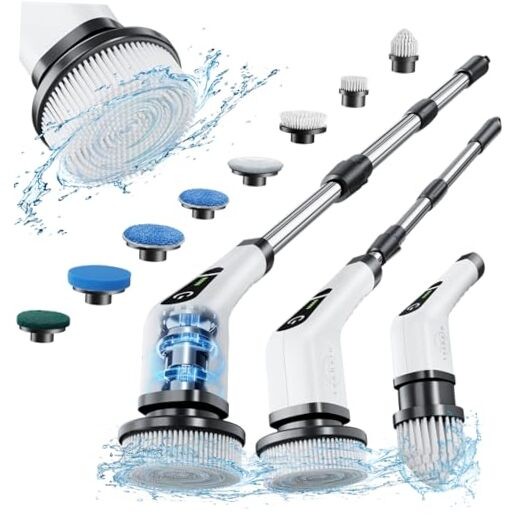 Electric Spin Scrubber, Cordless Cleaning Brush with 8 Replaceable Brush White