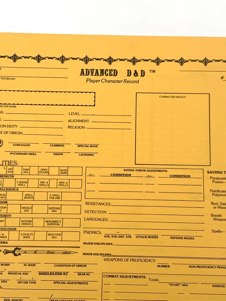 CLASSIC! AD&D Player Character Record Sheet (DRUID, CLERIC) UNUSED E1