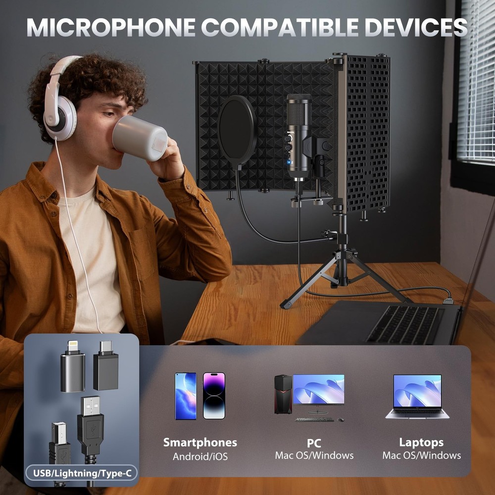 Riworal Studio Recording Microphone Isolation Shield with Pop Filter &Tri-Sta...