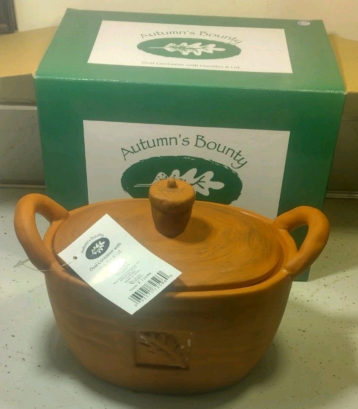 Autumn's Bounty Oval Container With Handles & Lid Clay Open Box