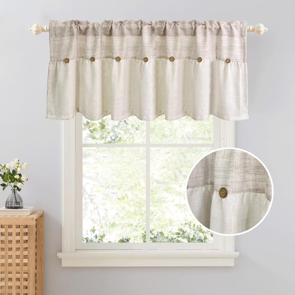 Farmhouse Boho Linen Button Valance for Kitchen Window Dining Room Rustic Caf...