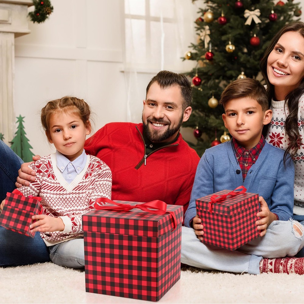 3 Pcs Christmas Nesting Gift Boxes Buffalo Plaid Xmas Stackable Boxes Black R...