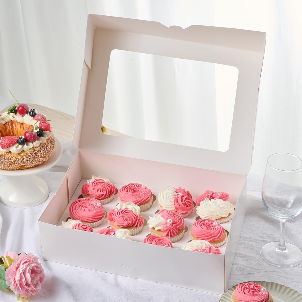 4 Pack 12 Count Cupcake Boxes Auto-Popup White Containers Window Inserts Carrier