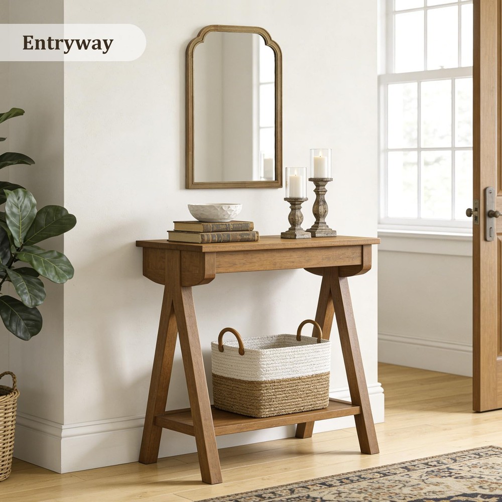Wood Frame Wall Mirror Rounded Corner Arch Rectangle Mirror for Entryway, Liv...