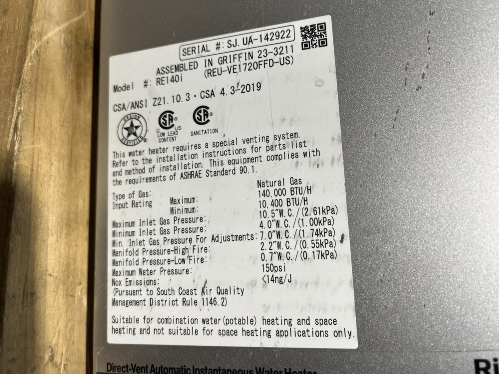 Rinnai RE140iN Indoor Tankless Water Heater 140k BTU Natural Gas (C-23 #1701)