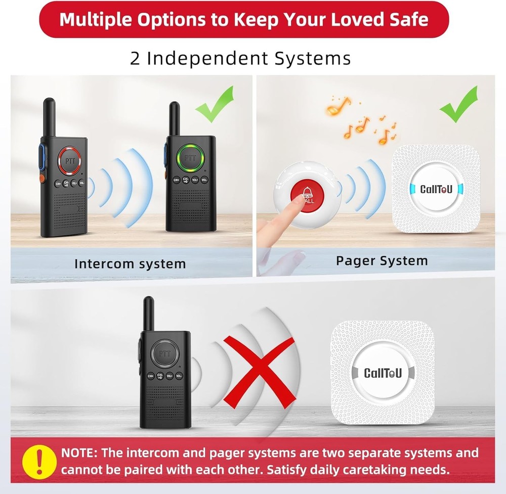 Caregiver Pager Wireless Alert Button Home Intercom System Long Range 2 Way R...