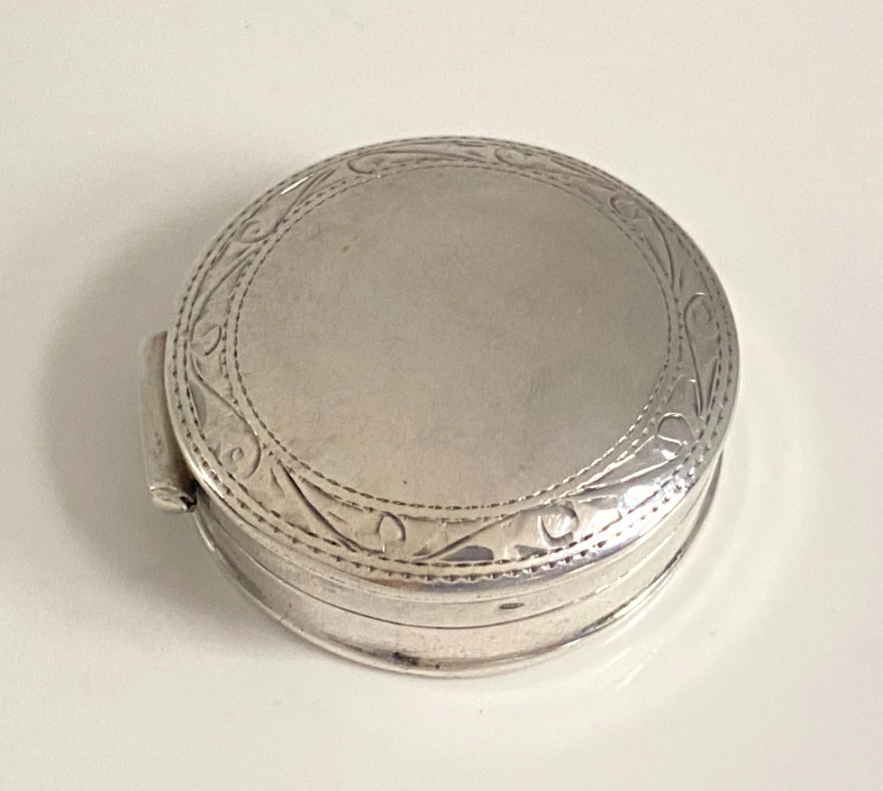 Vintage Carrs Solid Silver Hinged Pill Box Chased Foliate Border Hallmarked