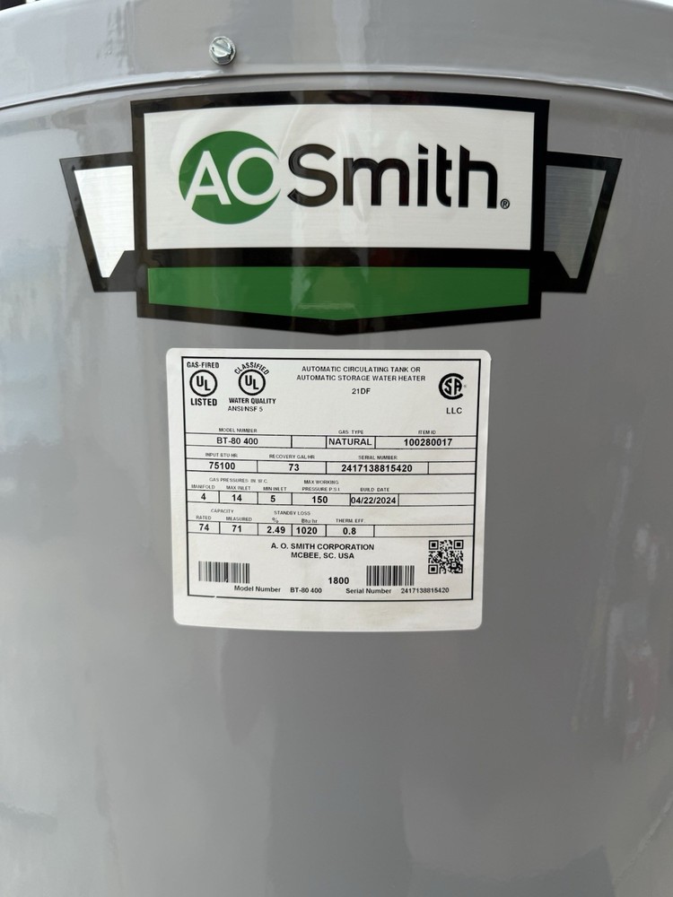 A.O. Smith 74 Gallon BT - 80 400 75,100 BTU commercial GAS HEATER- New open box