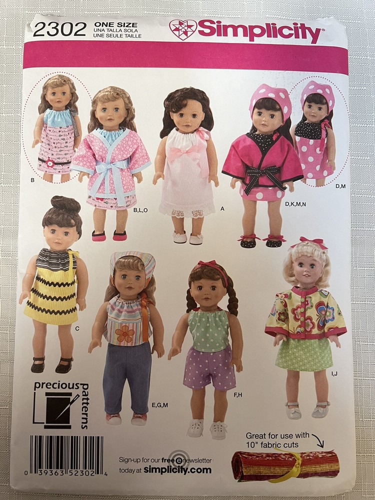NEW* Simplicity # 2302 Sewing Patterns/ 18” Doll Clothes Patterns