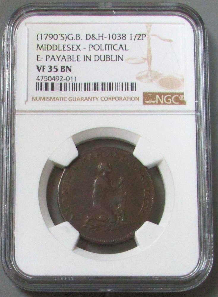 1790"s GREAT BRITAIN SLAVE CONDER TOKEN MIDDLESEX- DUBLIN  NGC VF35BN