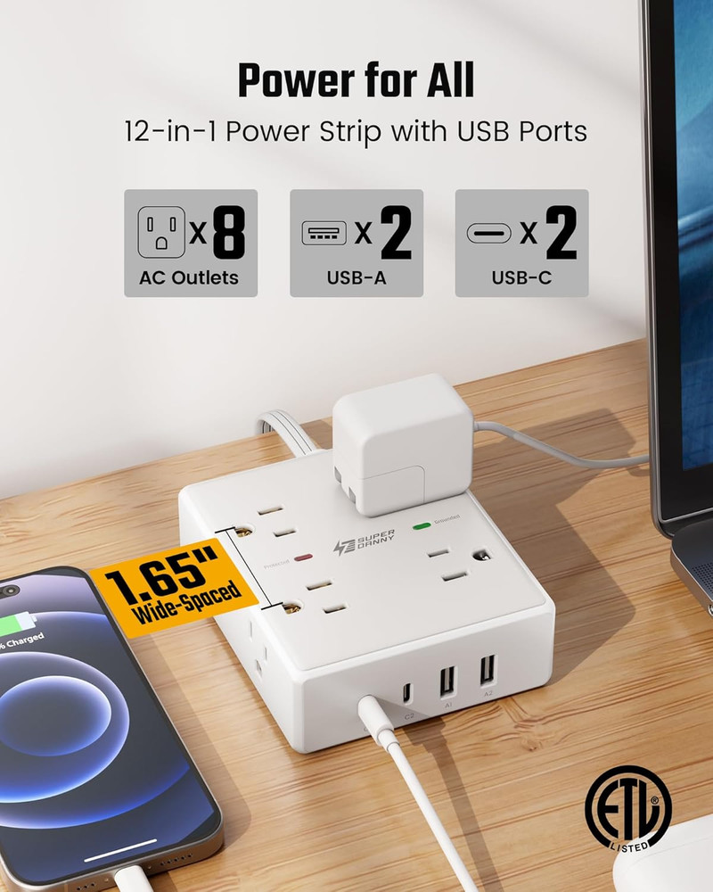 10Ft Extension Cord with Multiple Outlets, Flat Plug Surge Protector Power Strip