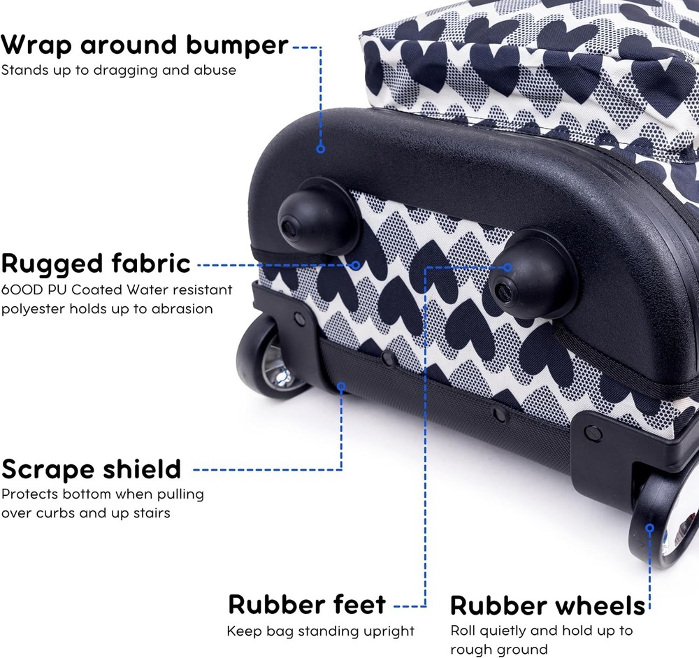 J World Sunrise Rolling Backpack. Roller Bag with Wheels, Heart Dot