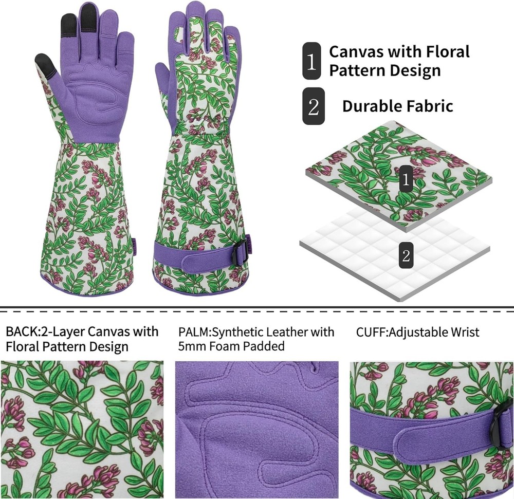Adjustable Floral Pattern Gardening Gloves with Touchscreen Compatibility, Large