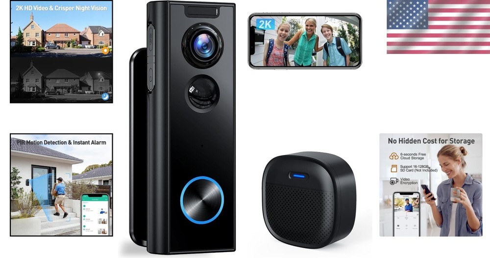 2K Wireless Doorbell Camera with No Subscription - Smart Home Security Solution
