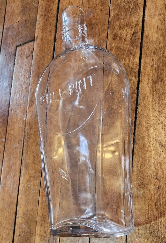 Antique Clear Glass Full Pint Bottle With Bubbles & Marks