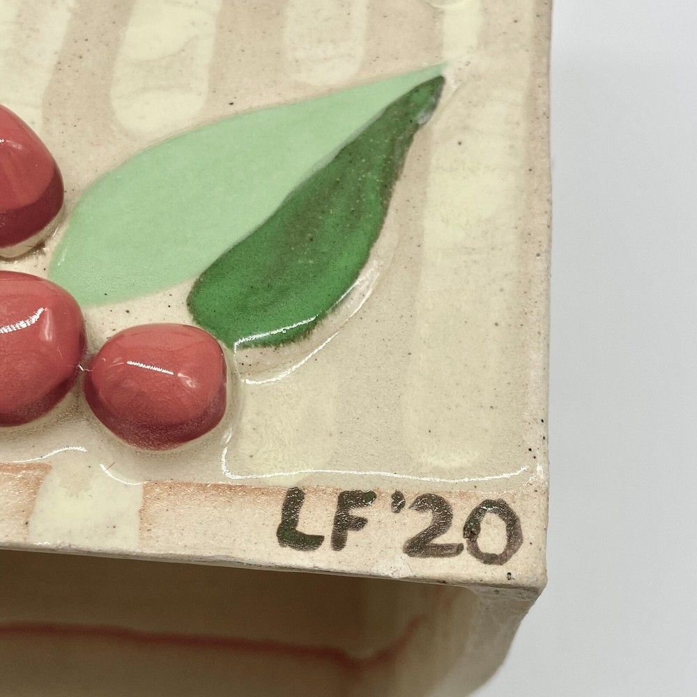 Studio Art Pottery Ceramic Tissue Box Cover Square Leaves Berries Maximalist