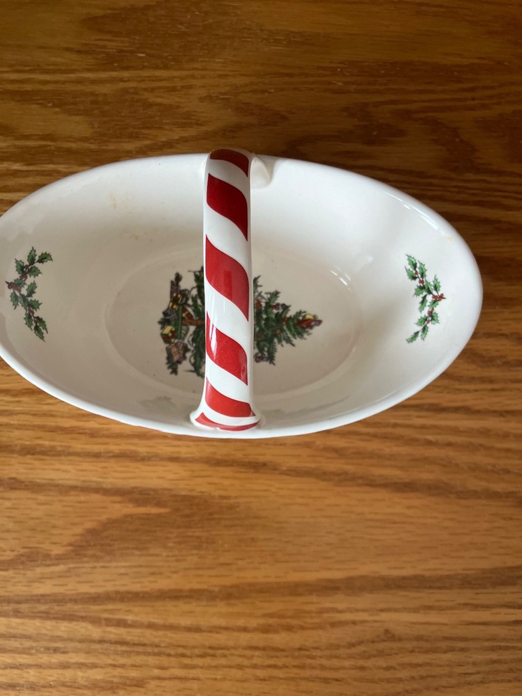 Spode Christmas Tree Peppermint Handle Basket Candy Dish 6.5" MINT IN BOX WOW