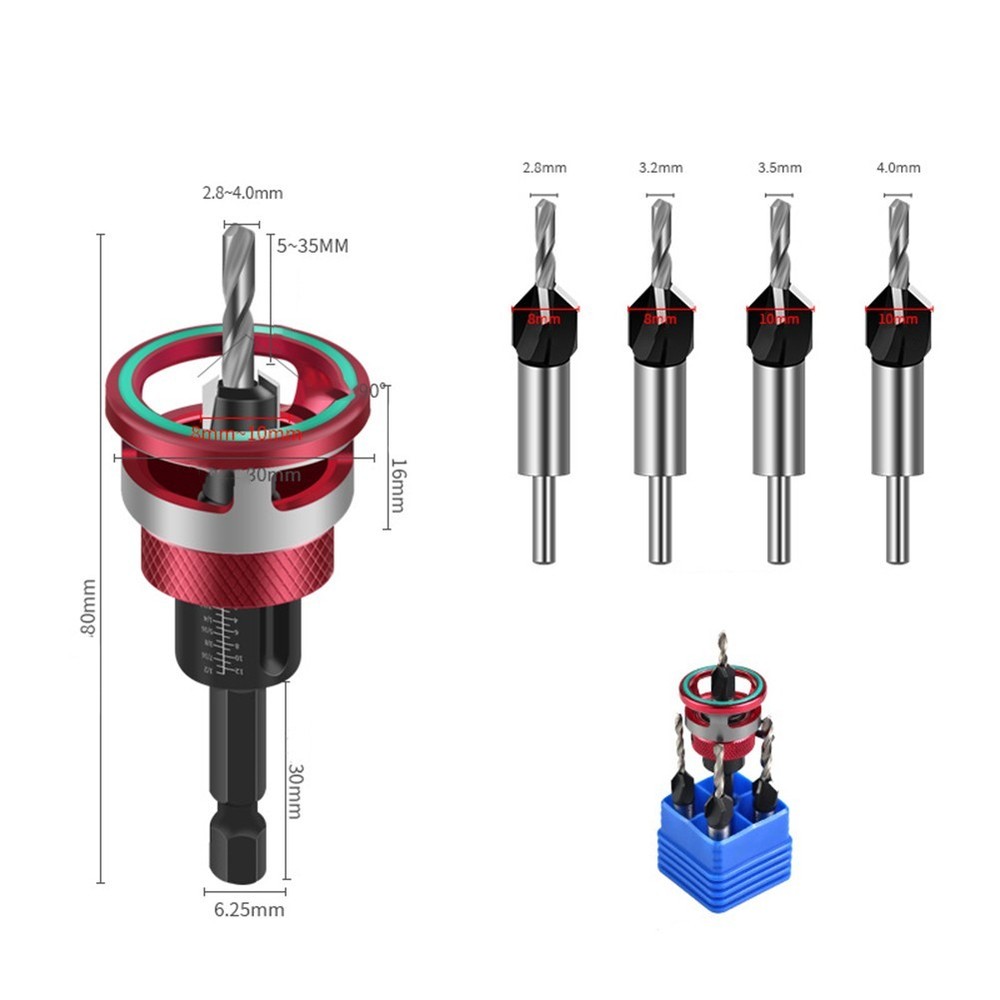 Four Blade Countersunk Drill Bits 5pcs Wood Stop Adjustable Depth Control
