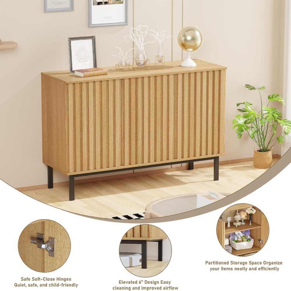 Sideboard Buffet with Fluted Doors & Adjustable Shelf for Dining Room Storage