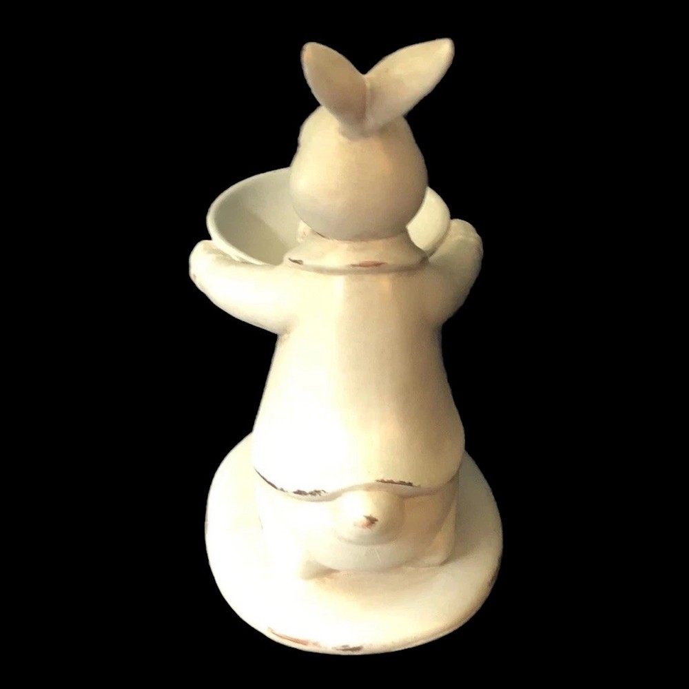 Easter Bunny Rabbit Holding Egg Candy Dish Spring Decor Gray Distressed