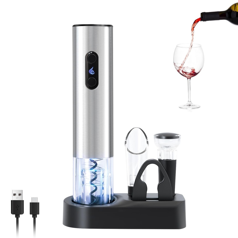 ELMWAY Electric Wine Opener Set by Rechargeable Set, Base Silver